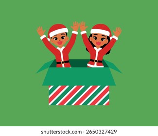 happy black children character jump out from  giant christmas gift box, smile girl and boy cartoon wear elf costume surprise in joy illustration 