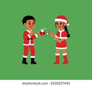 happy black children character toast for chocolate mug and treat , smile boy and girl cartoon wear Santa Claus costume cheers with mug illustration