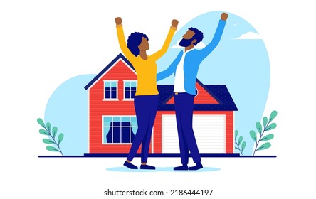 Feliz pareja negra comprando casa - Dos personas animando con las manos en el aire luego de convertirse en dueños de casas. Ilustración vectorial de diseño plano con fondo blanco