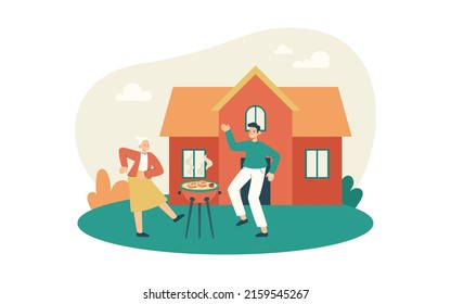 Happy Black Couple Cooking Barbeque At The Backyard. Picnic Party With Fish. BBQ Grill And Summer Leisure Concept. Modern Flat Vector Illustration