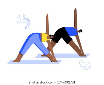 Happy black couple performs yoga exercises at home in a room with a cat. Adult male and female cartoon characters. Flat colorful vector illustration. Healthy lifestyle concept for posters and banners.