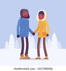 Happy Black Couple In Winter Clothes. Young Man, Woman Wearing Warm Outfit For Coldest Season, City Fashion Trends, Dressing Up To Enjoy Outdoor Walks Together, White Snow Scenery. Vector Illustration