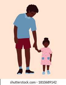 Happy black dad holds daughter. Family time. Happy fathers day. African american family adoption concept. Single male parent. Flat vector illustration perfect for card, t shirt print, paper