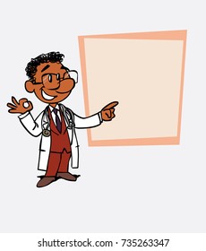 Happy black doctor makes the gesture of ok. Is showing, as in a presentation, the data you want.
