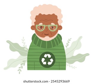 Happy black ethnic elderly man in sweater from recycled materials. Modern grandpa pensioner and Eco friendly clothing sustainable fashion. Recycle and environmental care. Vector illustration