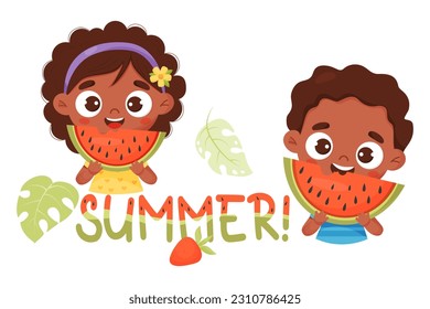Happy black ethnic girl and boy with watermelon. Summer postcard with cute cartoon character child and lettering Summer with watermelon pattern. Vector illustration
