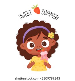 Happy black ethnic girl with ice cream. Vector illustration in cartoon style. Postcard sweet summer for kids collection, design, print