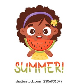 Happy black ethnic girl with piece of watermelon. Cute cartoon character child eats watermelon. Vector illustration. Summer postcard 