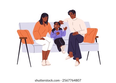 Happy black family communicates, spends time together. Mother, father and kid sit on sofa and talk. Caring parents and cute child converse. Flat isolated vector illustration on white background