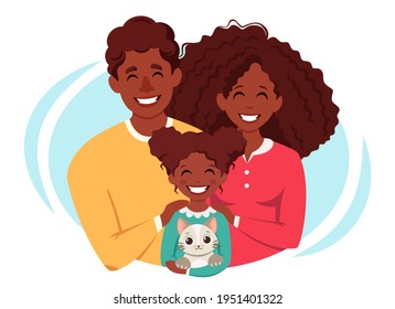 Happy black family with daughter and cat. International Day of families. Vector illustration