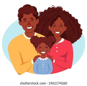 Happy black family with daughter. Parents hugging child. International Day of families. Vector illustration