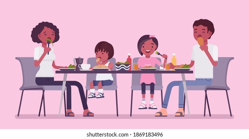 Happy Black Family Eating Dinner At Table. Parents And Kids Gathering For Food After Work And Study, Sitting Together To Enjoy Healthy Tasty Home-cooked Meals. Vector Flat Style Cartoon Illustration