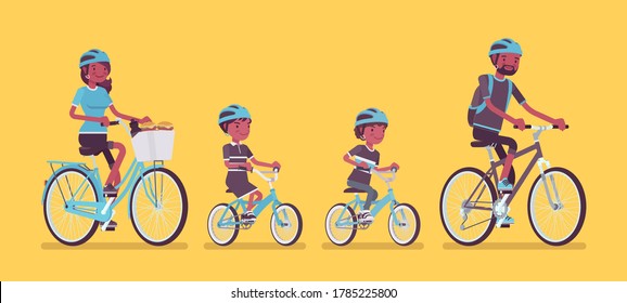 Happy Black Family Enjoying Bike Ride. Father, Mother, Son And Daughter Together In Sport Activity Riding Bicycles. Positive Friendly Outdoor Recreation Or Fun. Vector Flat Style Cartoon Illustration