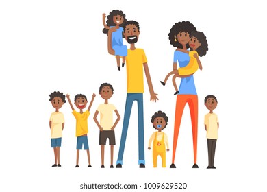 Happy Black Family With Many Children Portrait All The Kids And Babies Smiling Parents Colorful Illustration