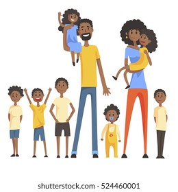 Happy Black Family With Many Children Portrait With All The Kids And Babies And Smiling Parents Colorful Illustration