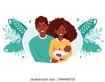 Happy black family with newborn baby. Black family. Vector illustration