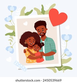 Happy black family. Photo card with portrait of smiling black ethnic man hugging his beautiful wife and daughter. Holiday photo frame with soft blue flowers and heart. Vector illustration.