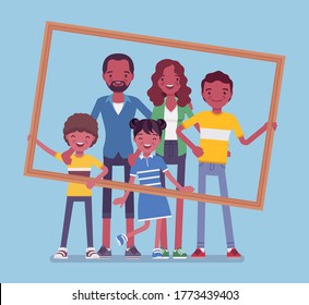 Happy black family portrait. Father, mother, son and daughter, teen posing in one picture frame together. Positive friendly smiling people in love, home harmony. Vector flat style cartoon illustration