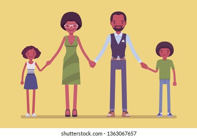 Happy black family portrait. Group of two married parents and children living together in unit, mother, father, son and daughter holding hands and smiling, enjoy good relationship. Vector illustration