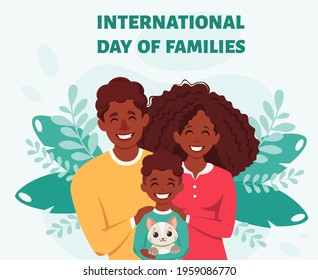 Happy black family with son and cat. Parents hugging child. International Day of families. Vector illustration