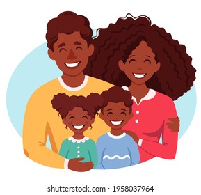 Happy black family with son and daughter. Parents hugging children. Vector illustration