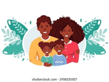 Happy black family with son and daughter. Parents hugging children. Vector illustration