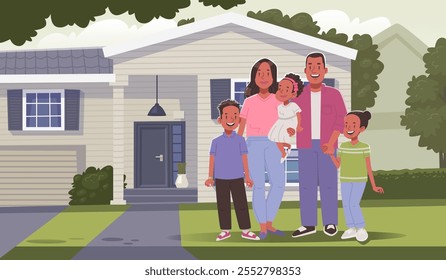 Happy black family standing on lawn with their house in background. Mom dad daughters and son. Family portrait outdoor. Vector illustration in flat style