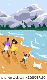 Happy black family walking on beach in summer vacation poster. Man, woman and their kid stroll on ocean shore together. People are in sea resort with mountain landscape. Flat vector illustration