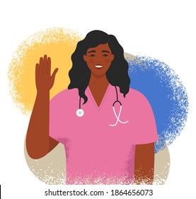 Happy black female nurse smiling, waving hello and saying hi. Afro american medical doctor in uniform with a stethoscope. Isolated flat vector illustration of a cheerful woman surgeon