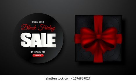 Happy Black Friday. Abstract Black Friday Sale template for sale promotion and advertising card, poster, banner. Isolated sale text in a circled frame and a black present box with a bow.