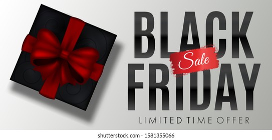 Happy Black Friday. Abstract Black Friday Sale template for sale promotion and advertising card, poster, banner. Isolated black sale text, wrapped present and a bow.