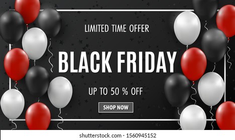 Happy Black Friday. Beautiful Black Friday Sale template for sale promotion and advertising card, flyer, poster, banner. Shiny red, white, black Balloons and framed sale text.