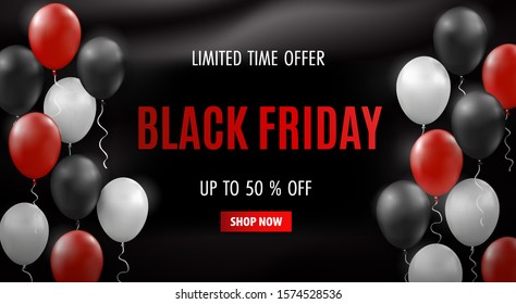 Happy Black Friday. Beautiful Black Friday Sale template for sale promotion and advertising card, poster, banner. Sale message decorated with shiny red, white and black balloons.