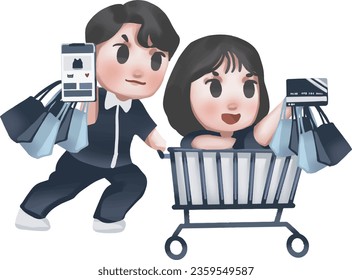 Happy Black Friday - Couple shopping online in wheelbarrow