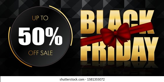 Happy Black Friday. Luxurious Black Friday Sale template for sale promotion and advertising card, poster, banner. Big Golden text decorated with a bow and a discount sign.