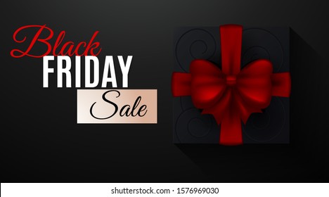 Happy Black Friday. Stylish Black Friday Sale template for sale promotion and advertising card, poster, banner. Decorated sale text and a present with a ribbon. Vector Illustration.