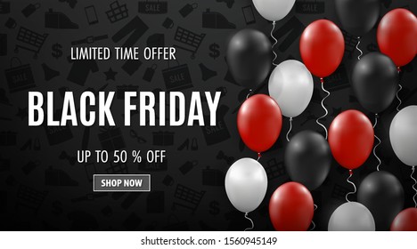 Happy Black Friday. Trendy Black Friday Sale template for sale promotion and advertising card, flyer, poster, banner. Shiny black, red, white Balloons and sale text on top of glossy sale pattern.
