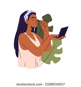 Menina negra feliz aplica sombra com escova. A jovem faz maquiagem com olhos esfumaçados. Rotina de beleza: maquiagem, visão com cosméticos orgânicos. Ilustração de vetor isolado plano sobre fundo branco