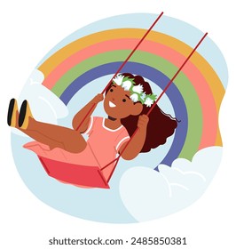 Personaje De Chica Negra Feliz En Un Columpio Con Una Expresión De Cara Alegre, Usando Una Corona De Flores, Y Balanceándose Alto Bajo Un Arco Iris Vibrante En Medio De Nubes Esponjosas. Ilustración vectorial de Personas de dibujos animados