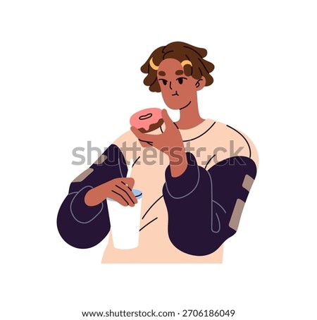 Happy black girl eats donut with soda. Young woman holds paper cup of drink and tasty doughnut. Person with fast food. Character tastes fastfood. Flat isolated vector illustration on white background