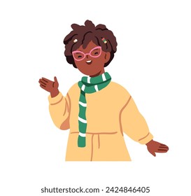 Happy black girl in eyeglasses, greeting with hi gesture. Cute smiling kid in glasses, waving with hand. Child character, excited emotion. Flat graphic vector illustration isolated on white background