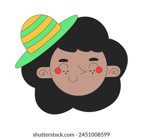 Happy black girl with hat 2D linear vector avatar illustration. African american female wavy hair cartoon character face. Cute smiling portrait. Funky woman flat color user profile image isolated