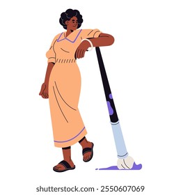 Happy black girl leans on paintbrush. Artist holds big brush with paint. Tiny people with stationery for painting art. Creativity concept. Flat isolated vector illustration on white background