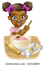 Happy black girl playing at being a baker stirring a cake mix