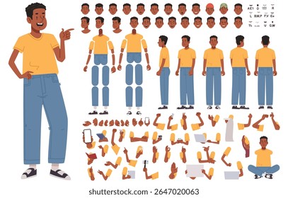 Happy black guy character constructor. Young man, student or volunteer. Set of hands legs and body positions for creating animation and your own illustrations. DIY kit. Vector illustration in flat 