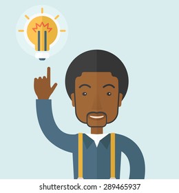 A happy black guy raising his hand pointing the bulb having a good idea for business. Business concept. A Contemporary style with pastel palette, soft blue tinted background. Vector flat design