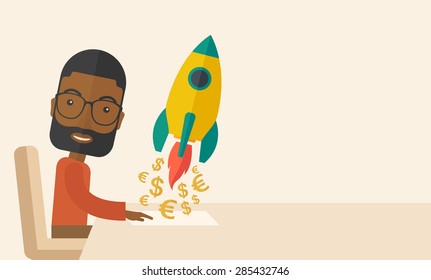 A happy black guy is ready for his presentation on launching a new business project to earn more money. Start up concept. A Contemporary style with pastel palette, soft beige tinted background. Vector