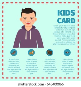 Happy black hair boy card infographic. Vector illustration