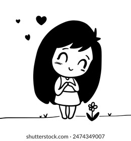 happy black haired girl is looking at flowers drawn in abstract doodle style