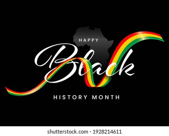 Happy Black History Month Text With Wavy Ribbon On Dark Background.